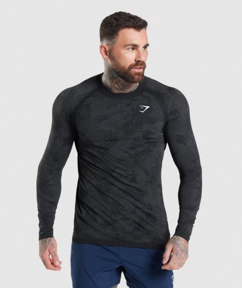 Men's Gymshark Geo Seamless Long Sleeve T-Shirts Black | NZ 2FGYAN